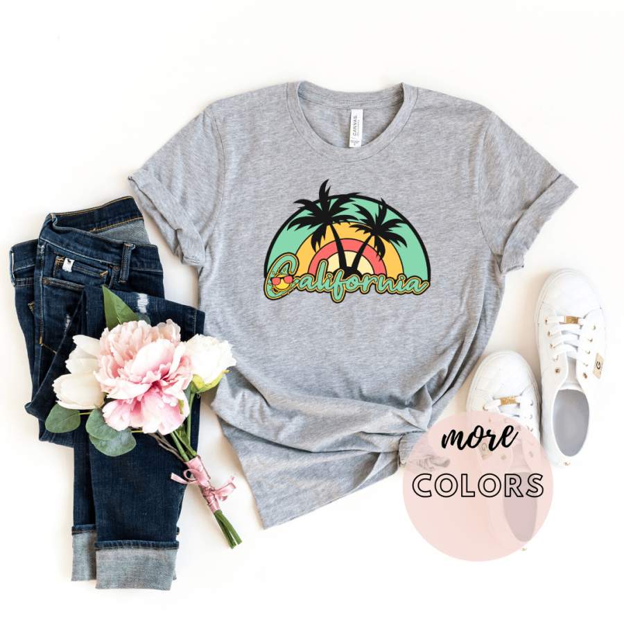 California Vacation T Shirt, Los Angeles Shirt, Rainbow Shirt Womens, Retro Boho Shirt