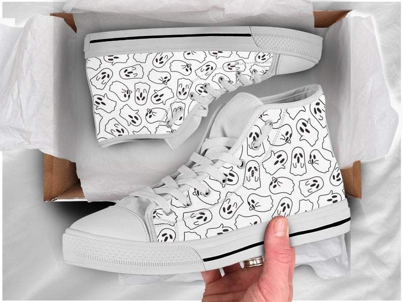 Ghost Boo Shoes Ghost Sneakers Ghost Pattern Print Cute Kawai High Top Sneakers For Adults Women & Men