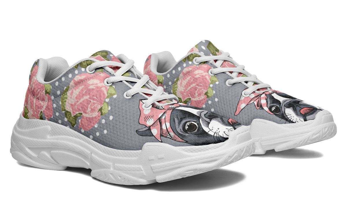 Floral Boston Terrier Pink Chunky Running Shoes Sport Sneakers