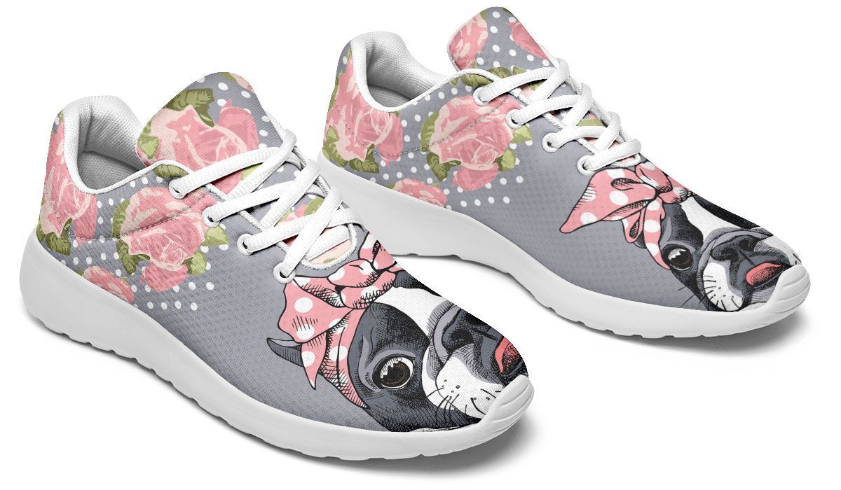 Floral Boston Terrier Pink Running Shoes Sport Sneakers