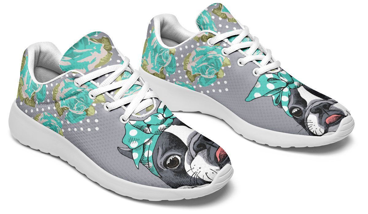 Floral Boston Terrier Turquoise Running Shoes Sport Sneakers