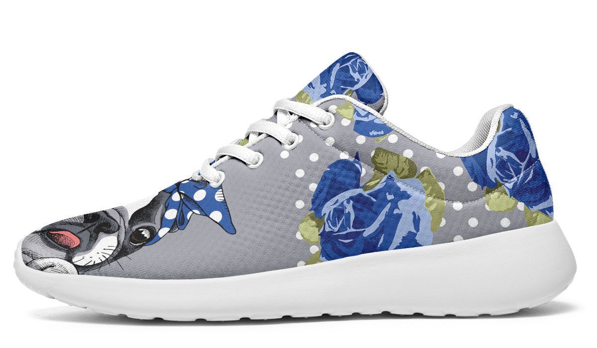 Floral Boston Terrier Blue Running Shoes Sport Sneakers