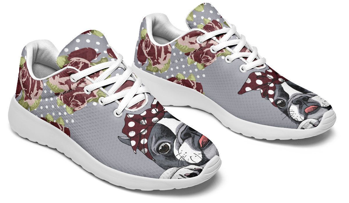 Floral Boston Terrier Dark Red Running Shoes Sport Sneakers