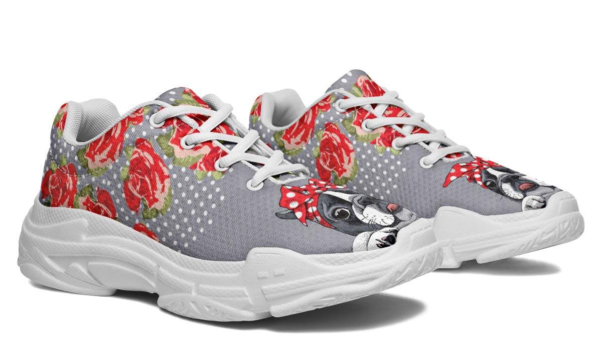 Floral Boston Terrier Red Chunky Running Shoes Sport Sneakers