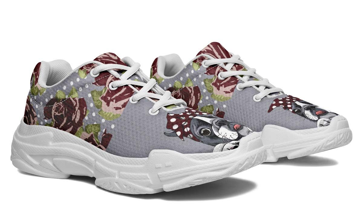 Floral Boston Terrier Dark Red Chunky Running Shoes Sport Sneakers