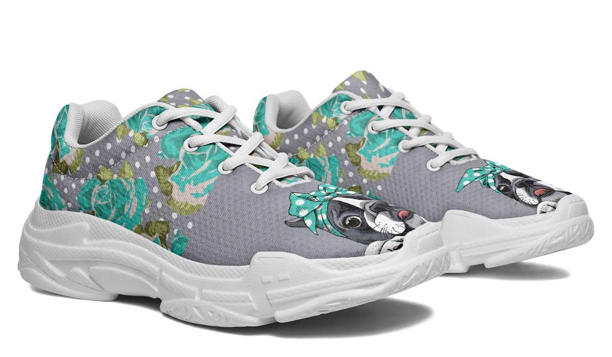 Floral Boston Terrier Turquoise Chunky Running Shoes Sport Sneakers