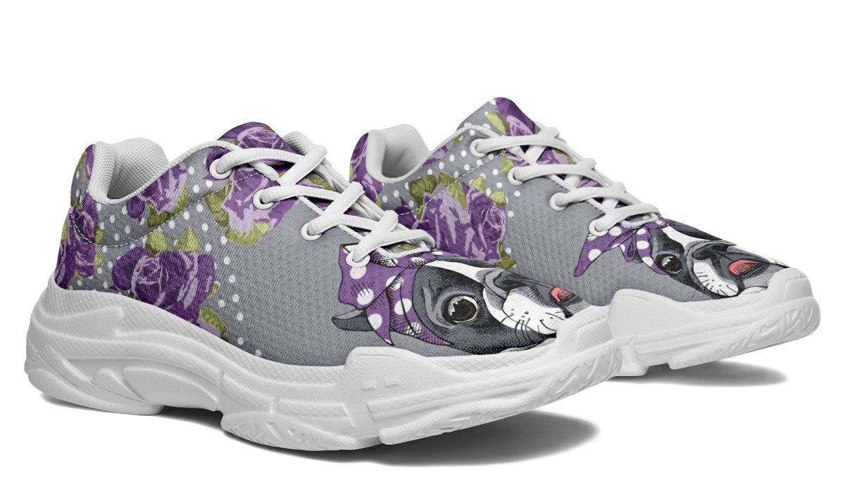 Floral Boston Terrier Purple Chunky Running Shoes Sport Sneakers