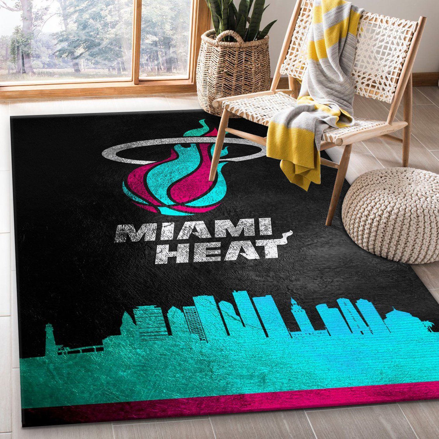 Miami Heat Vice Skyline Area Rug, Living Room Rug, US Gift Decor