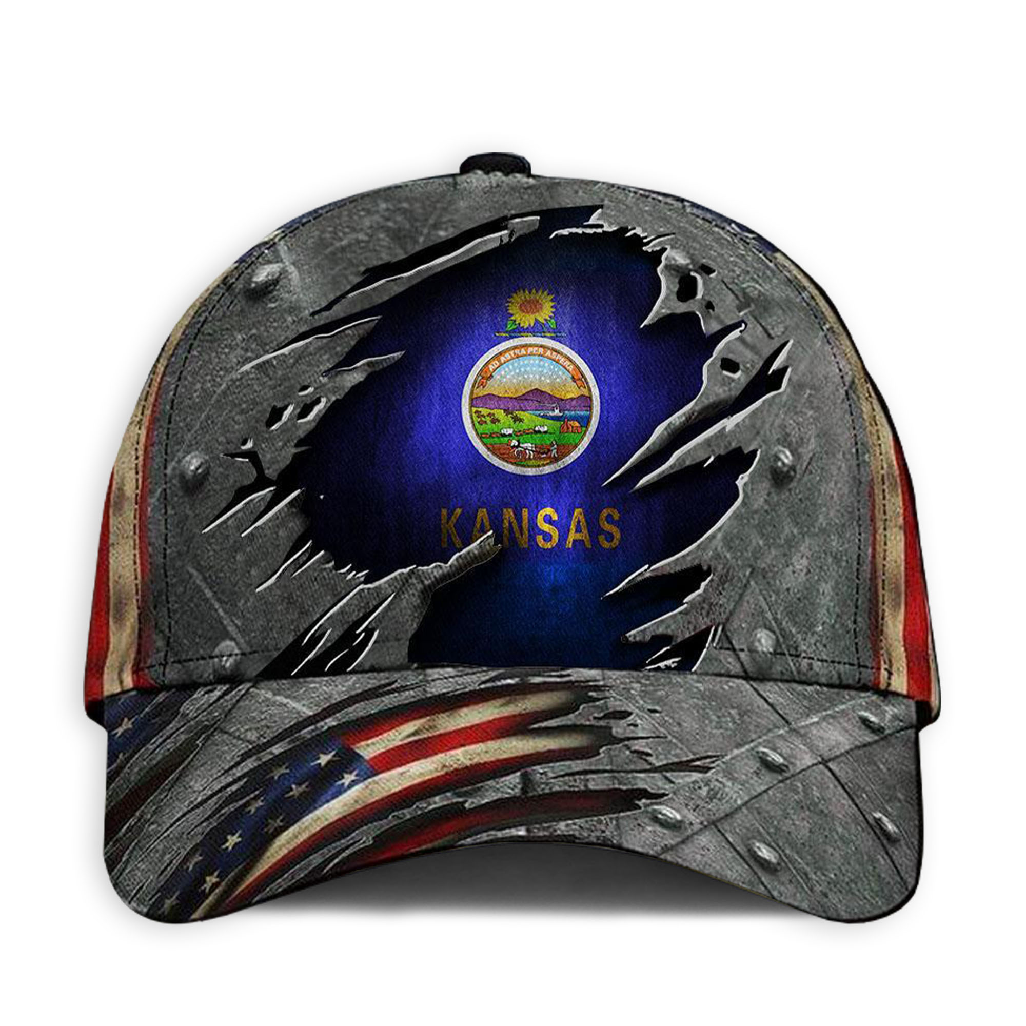 Kansas State Flag Hat 3D Printed U.S Flag Vintage Hat Old Retro Kansas Proud Patriotic Cap