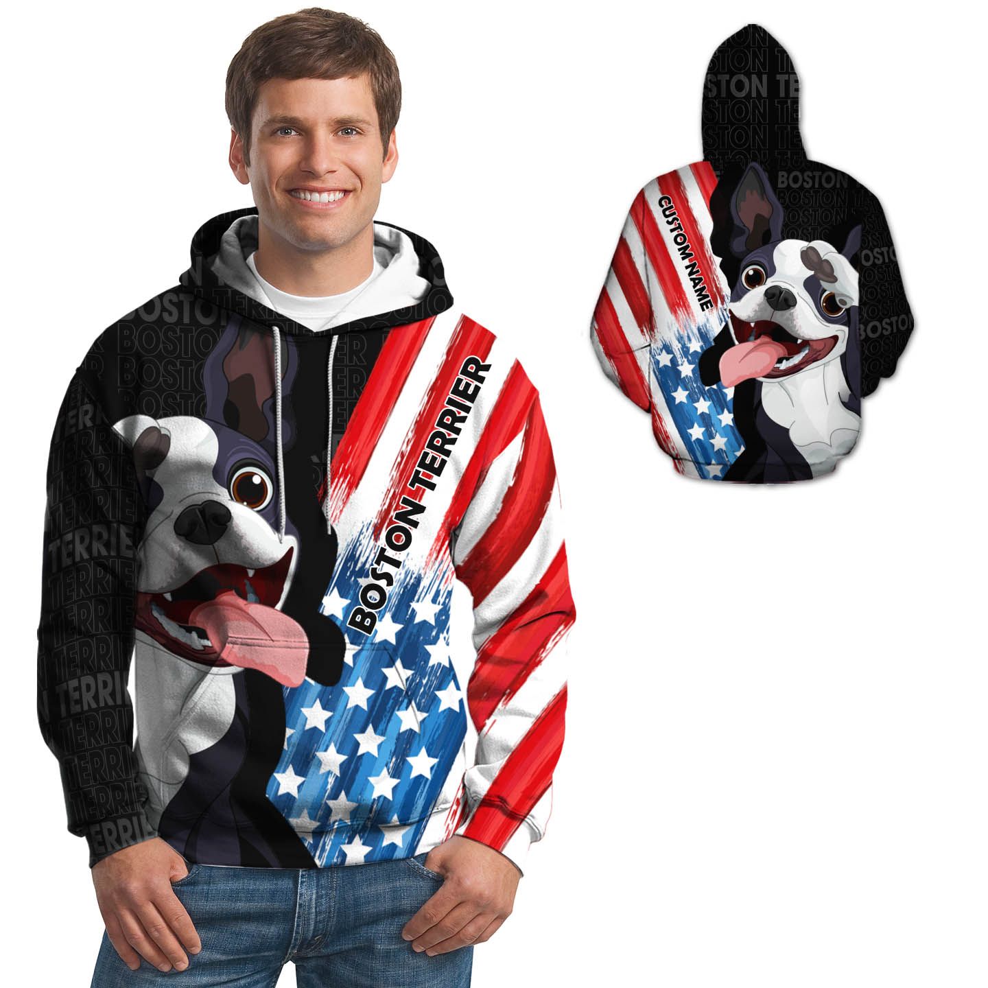 Boston Terrier USA Flag Custom Name 3D Hoodie For Boston Terrier Lovers