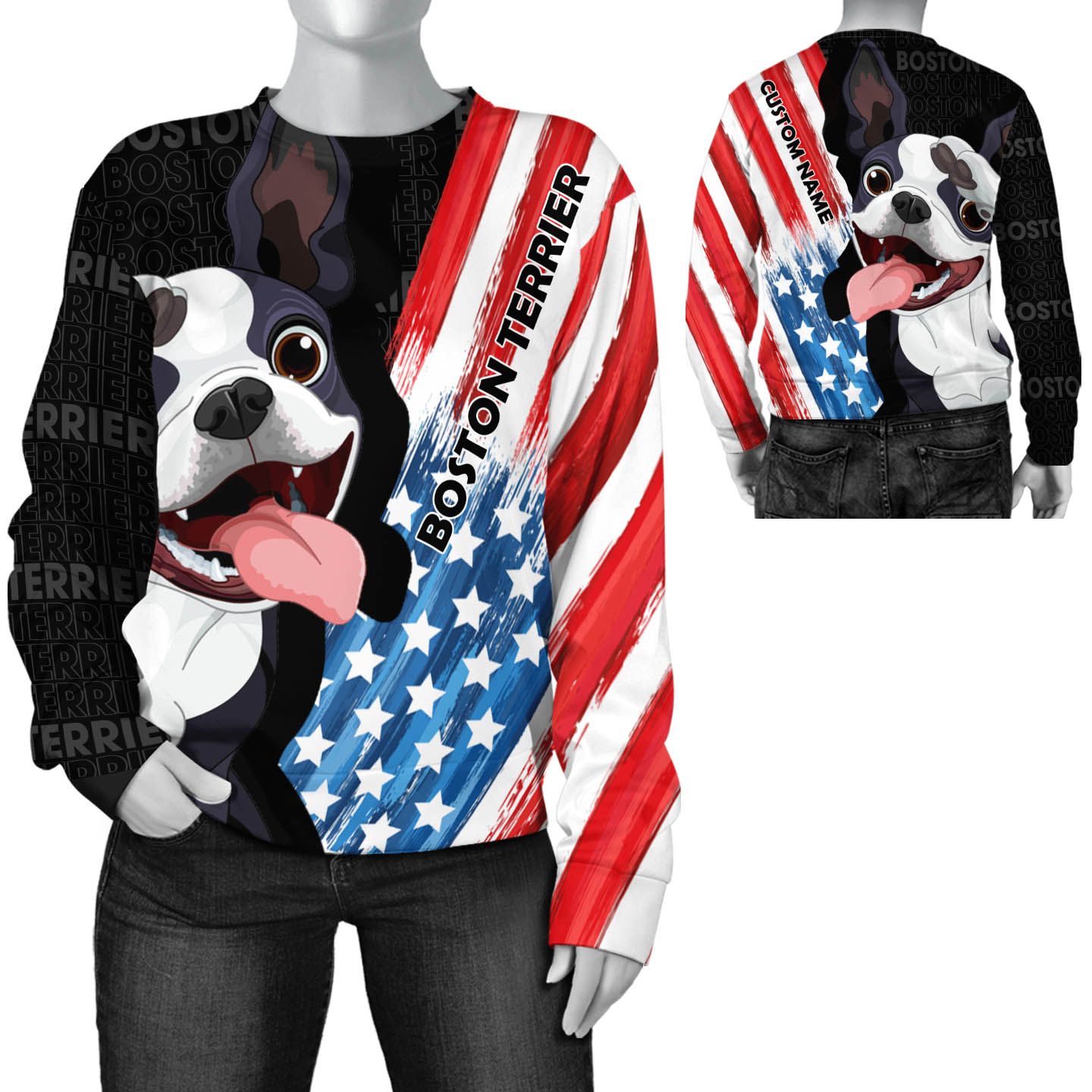 Boston Terrier USA Flag Custom Name 3D Long Sleeve Tee For Boston Terrier Lovers