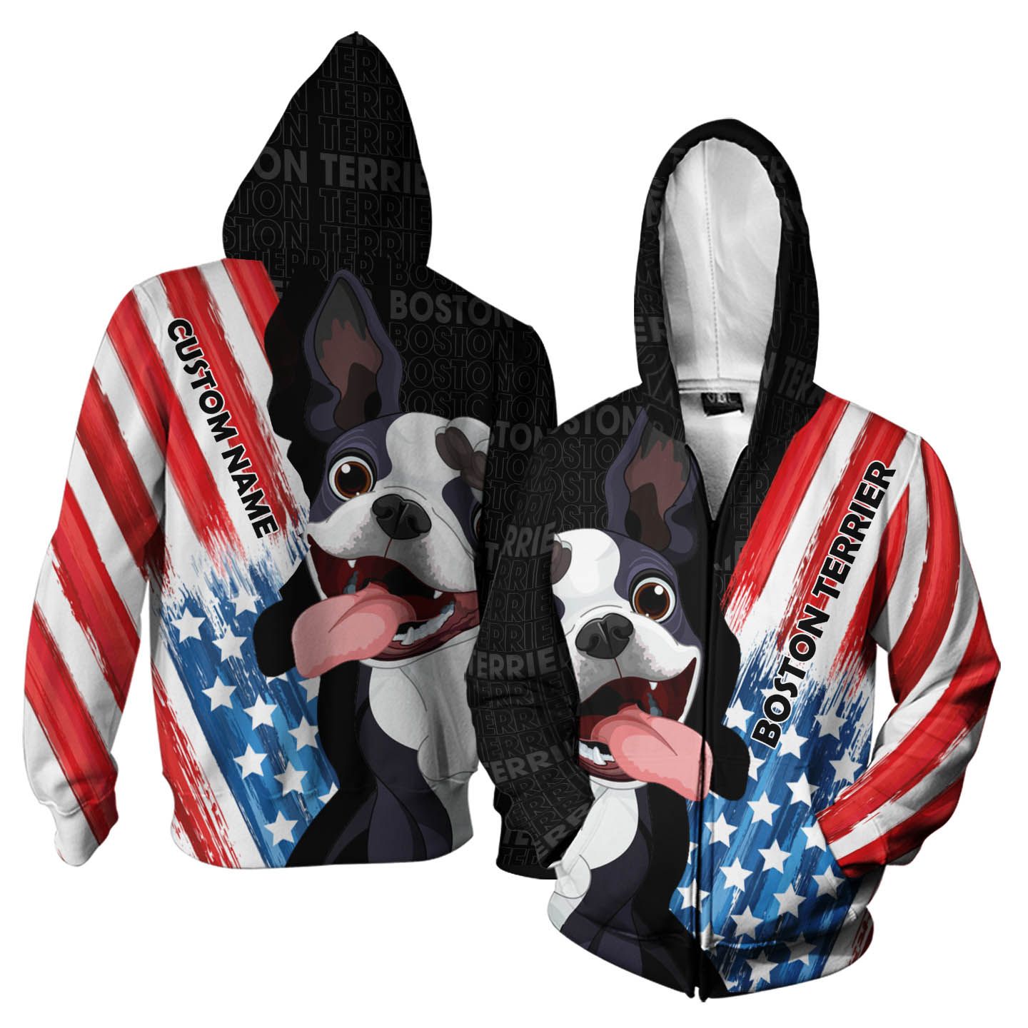 Boston Terrier USA Flag Custom Name 3D Zip Hoodie For Boston Terrier Lovers