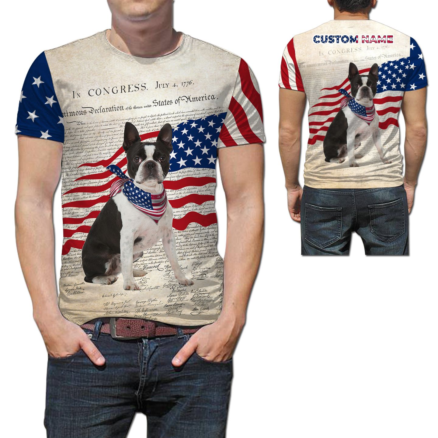 Boston Terrier United State Flag Custom Name T-shirt For Boston Terrier Lovers