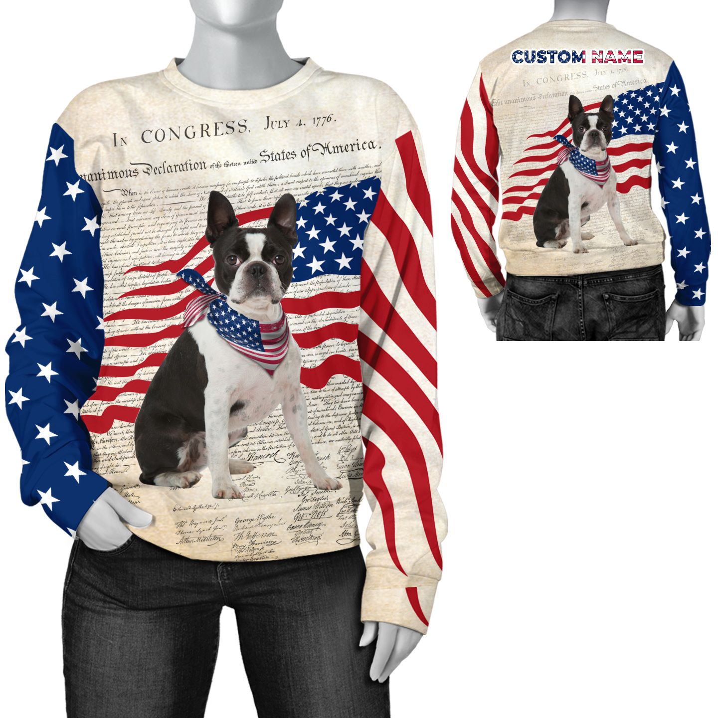 Boston Terrier United State Flag Custom Name Long Sleeve For Boston Terrier Lovers