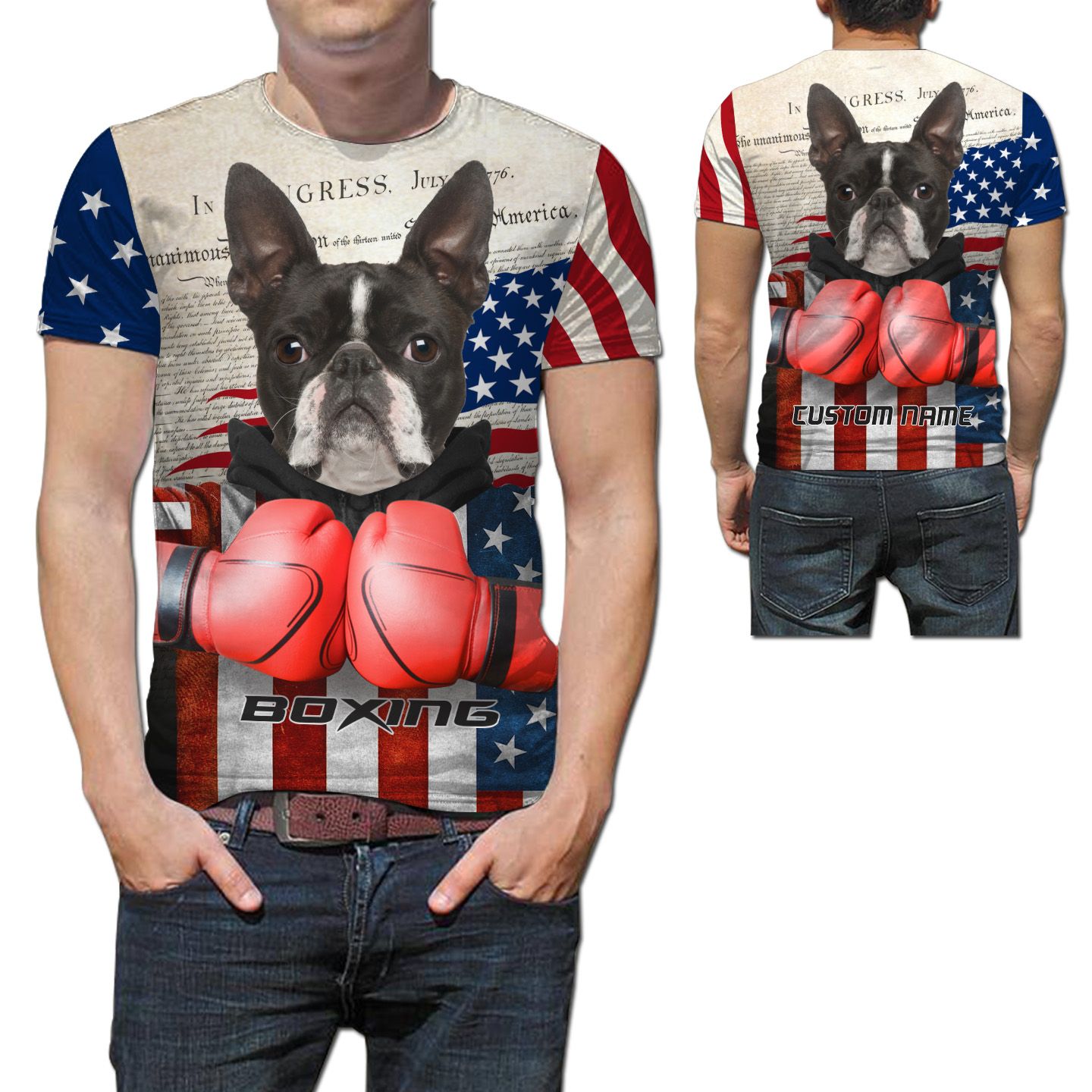 Boxing Boston Terrier United State Flag Custom Name 3D T-shirt For Dog And Boxing Lovers