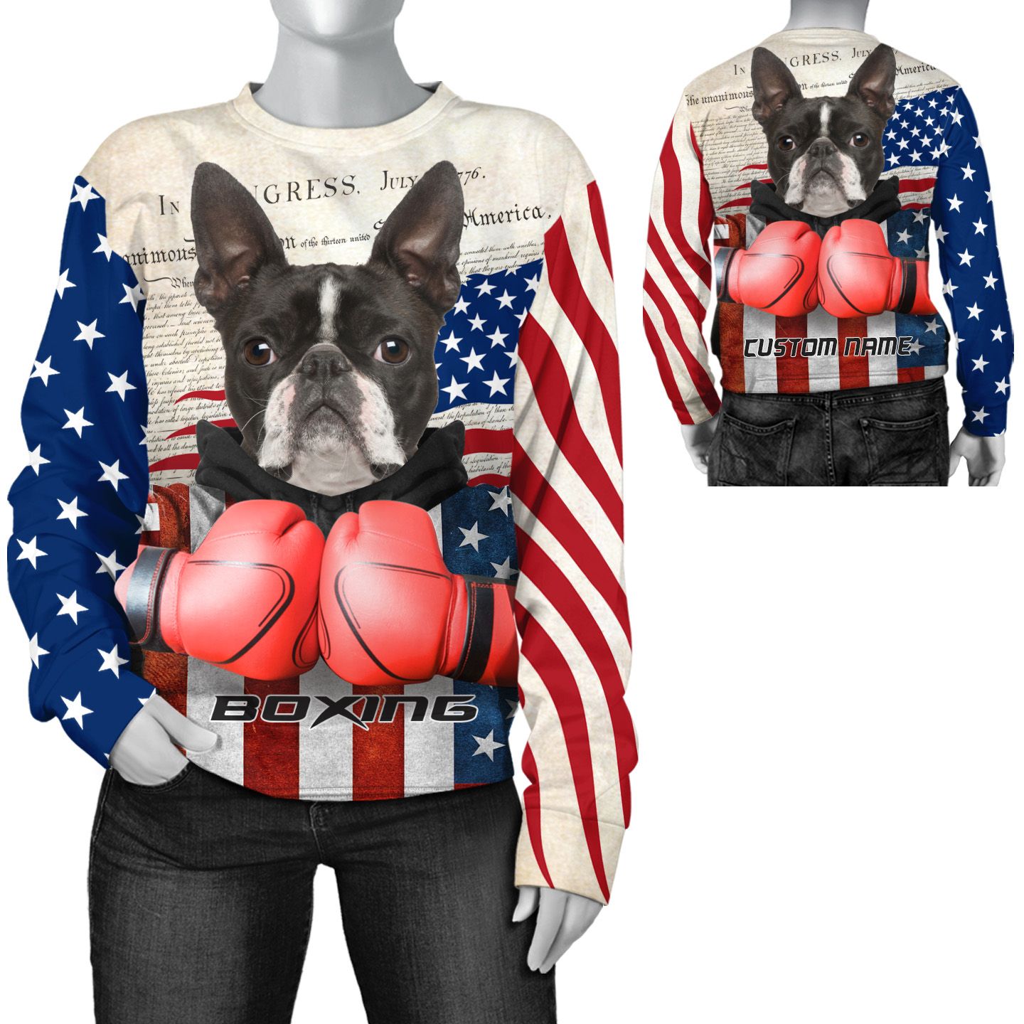 Boxing Boston Terrier United State Flag Custom Name 3D Long Sleeve Tee For Dog And Boxing Lovers