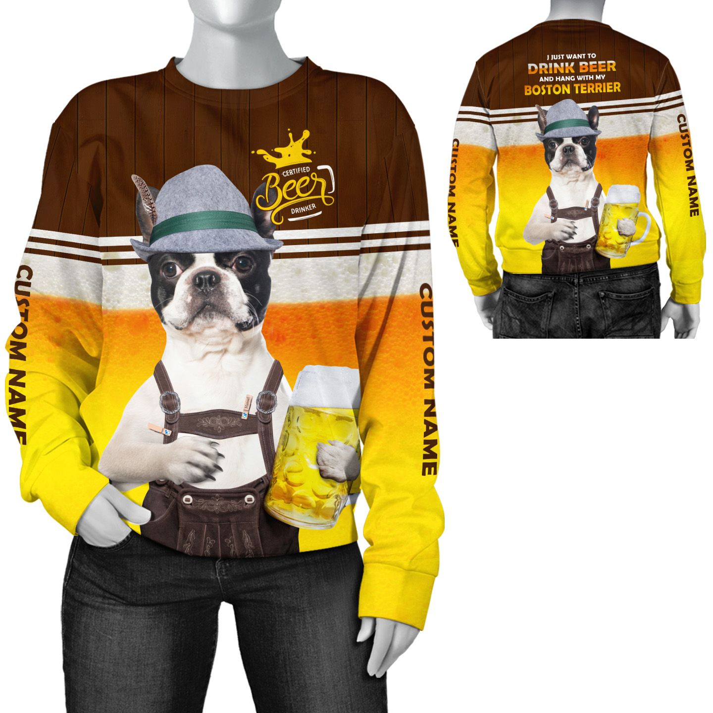 Custom Name Boston Terrier With A Brew 3D Long Sleeve Tee For Beer And Dog Lovers