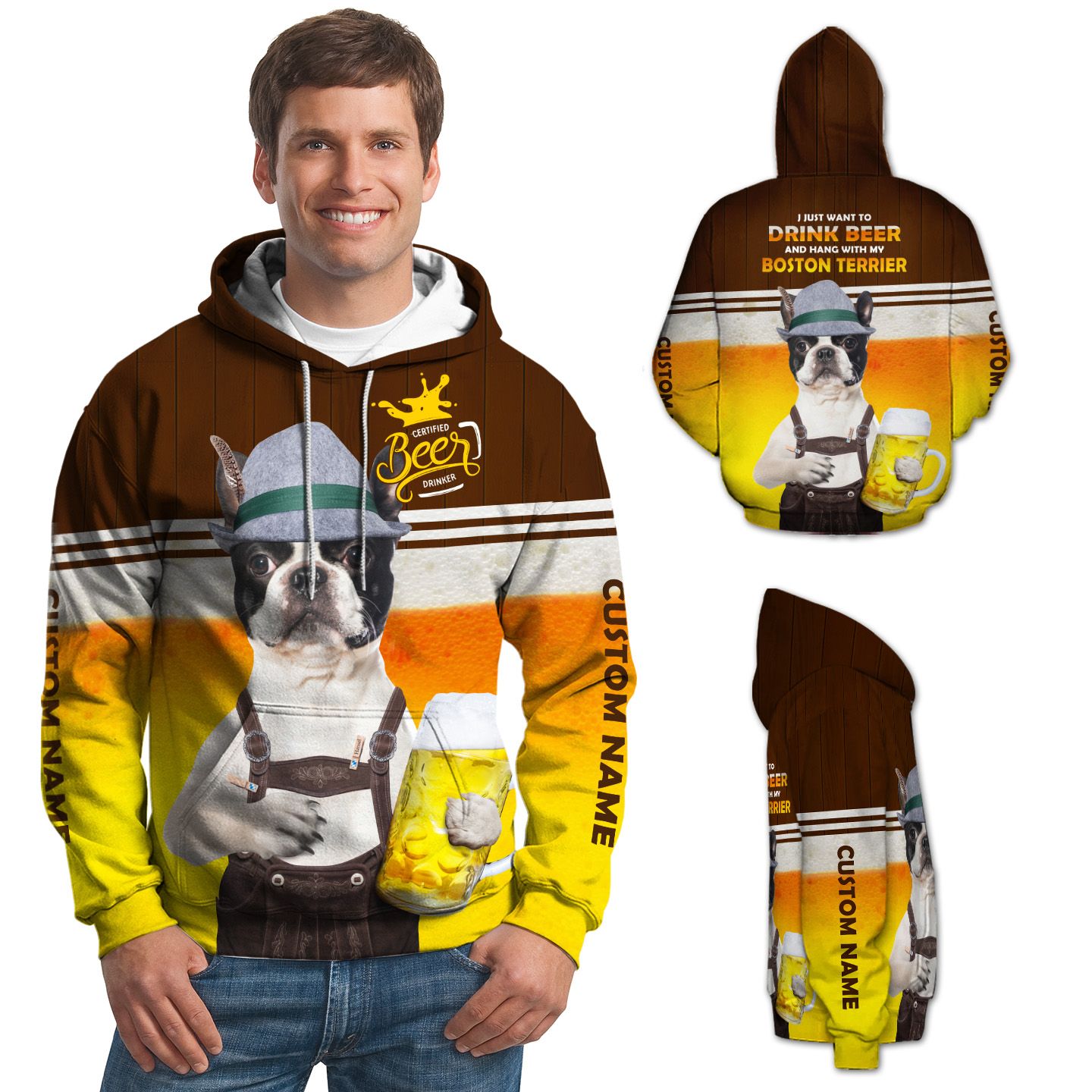 Custom Name Boston Terrier With A Brew 3D Hoodie For Beer And Dog Lovers