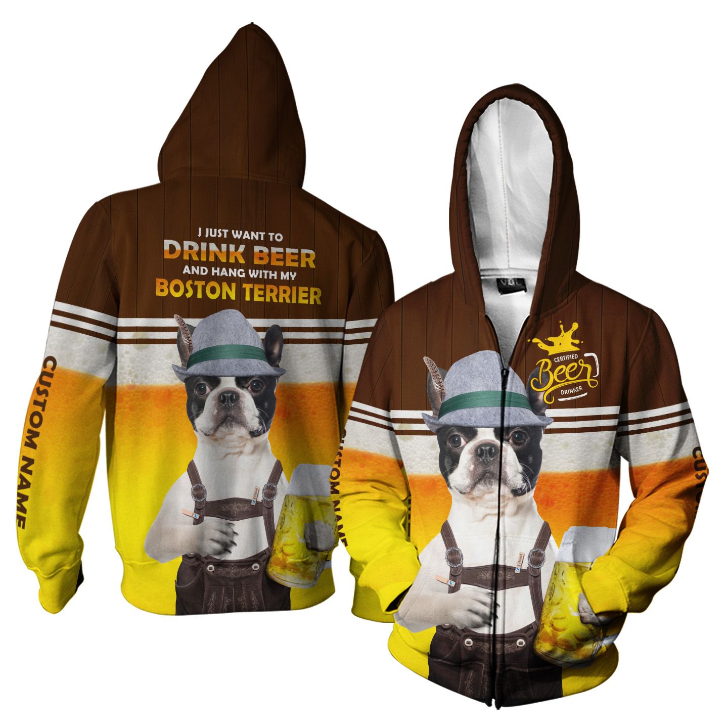 Custom Name Boston Terrier With A Brew 3D Zip Hoodie For Beer And Dog Lovers