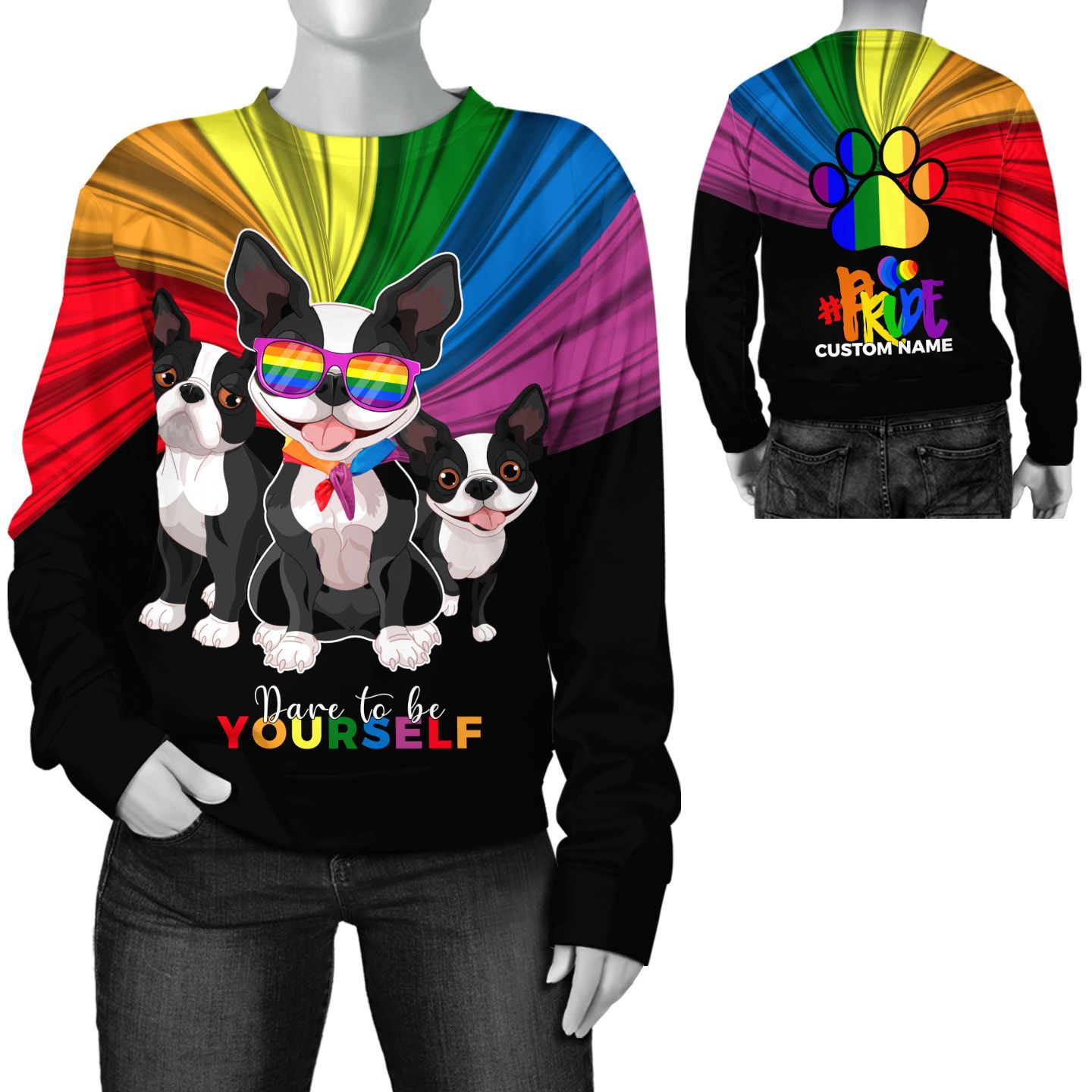 Custom Name Dare To Be Yourself Pride Rainbow Flag With Boston Terrier 3D Long Sleeve Tee For LGBT Community