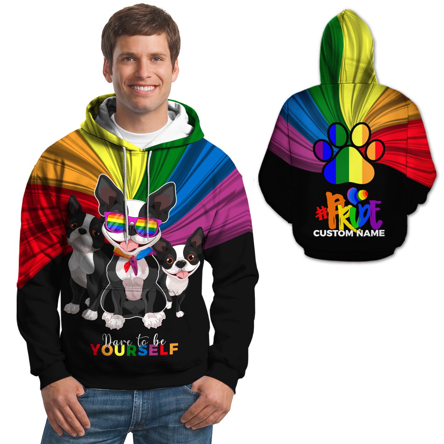 Custom Name Dare To Be Yourself Pride Rainbow Flag With Boston Terrier 3D Hoodie For LGBT Community