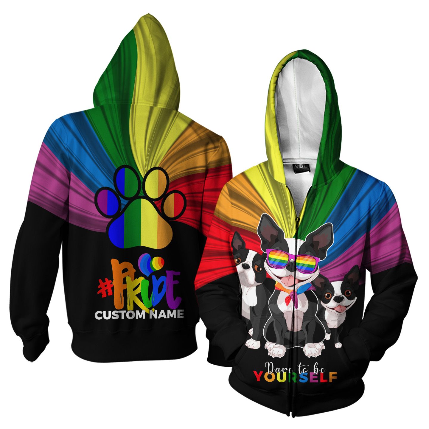 Custom Name Dare To Be Yourself Pride Rainbow Flag With Boston Terrier 3D Zip Hoodie For LGBT Community