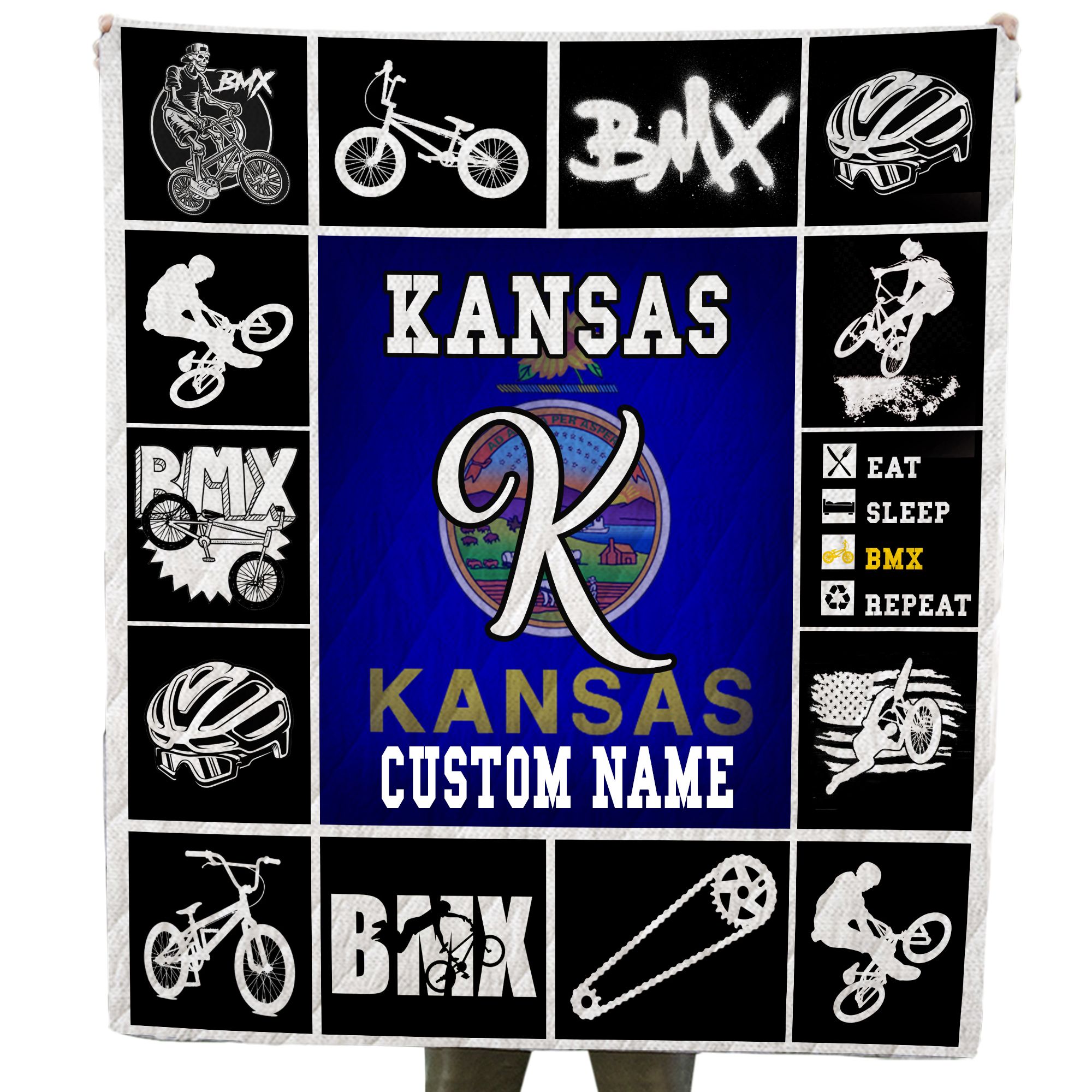 Kansas BMX Custom Name Quilt For Cycling And Extreme Sports Lovers In Daily Life