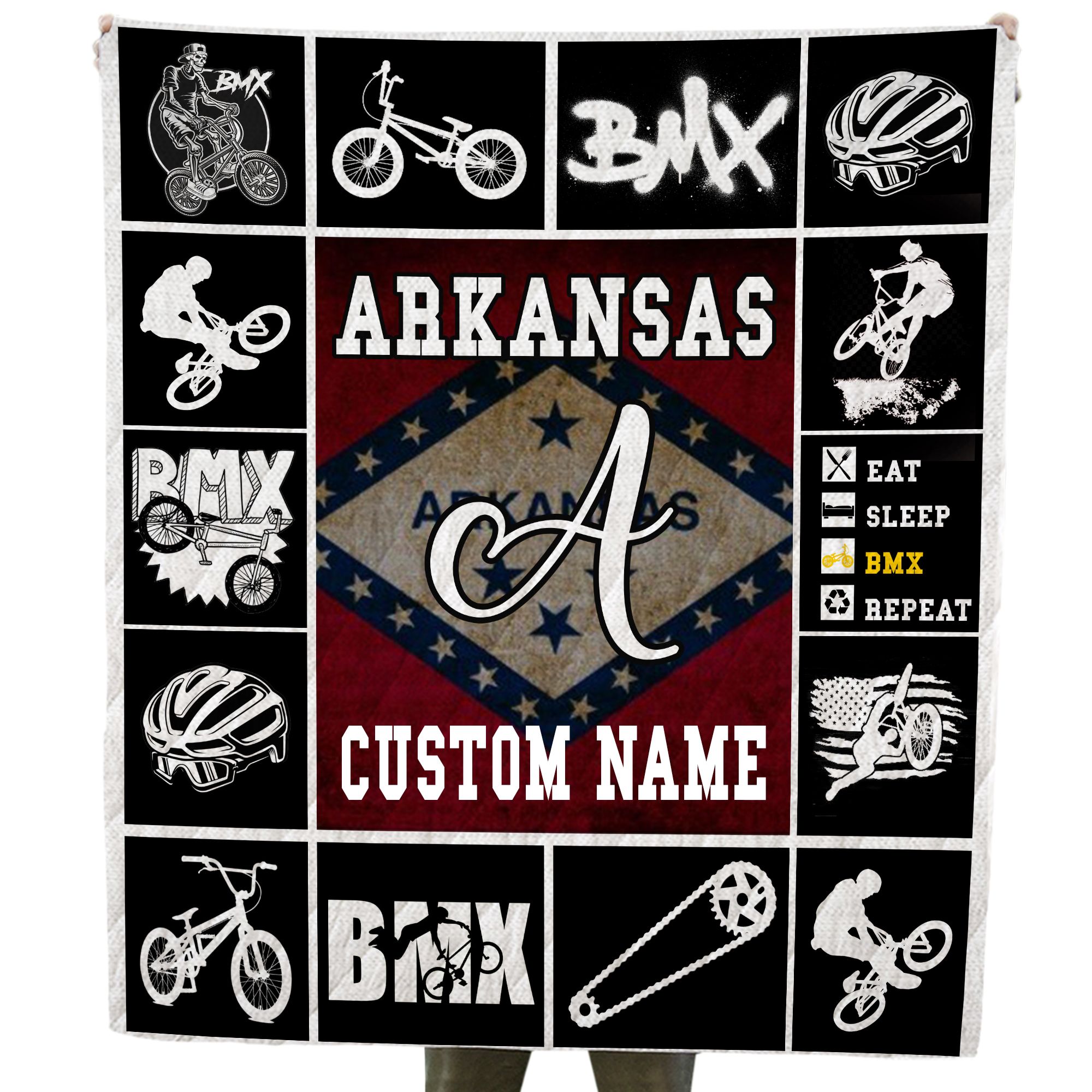 Arkansas BMX Custom Name Quilt For Cycling And Extreme Sports Lovers In Daily Life