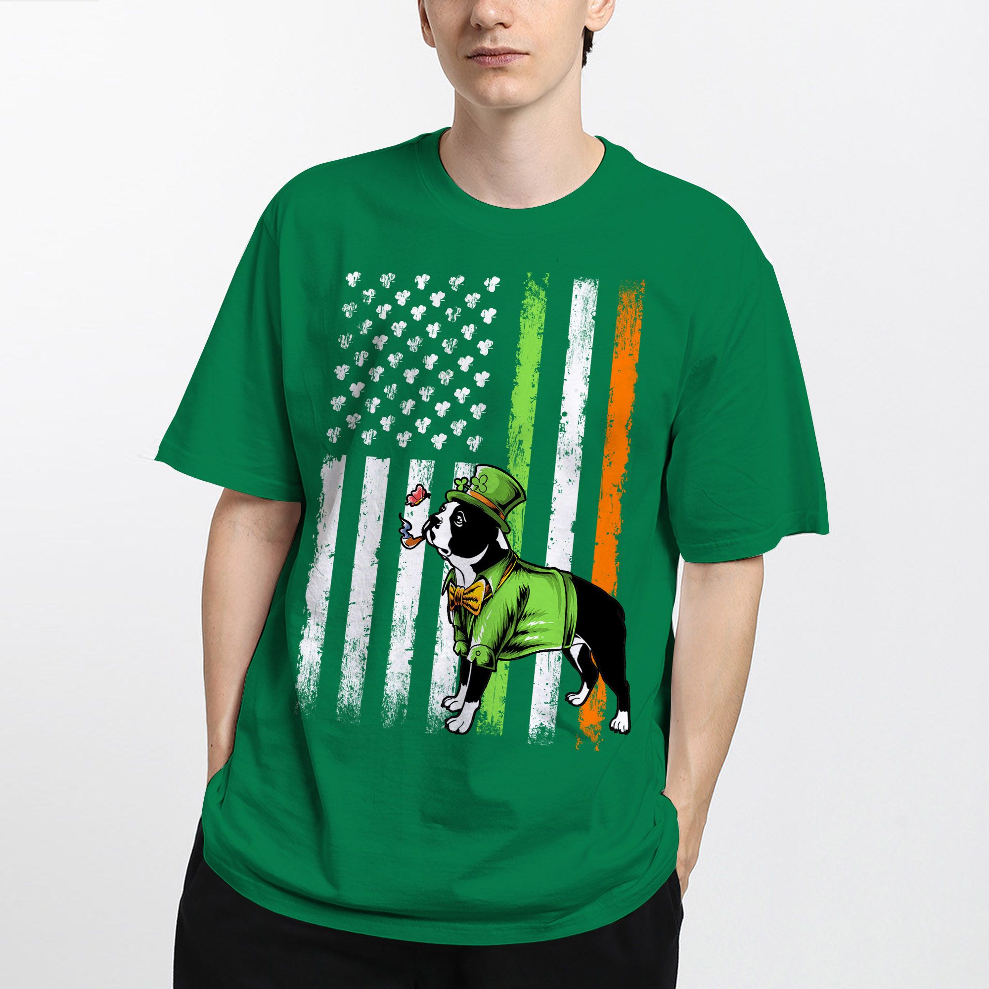 Boston Terrier Dog St Patrick’s Day T Shirt With American Flag