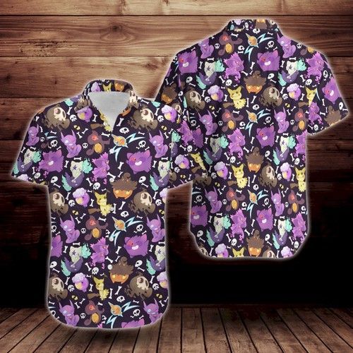 Colorful Ghost Pokemon Print Pattern Short Sleeve Hawaiian Shirt