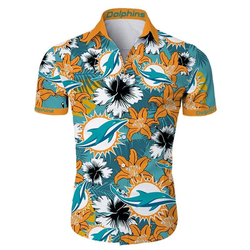 Miami Dolphins Hawaiian Aloha Shirts Tropical Flower Short Sleeve Slim Fit Body