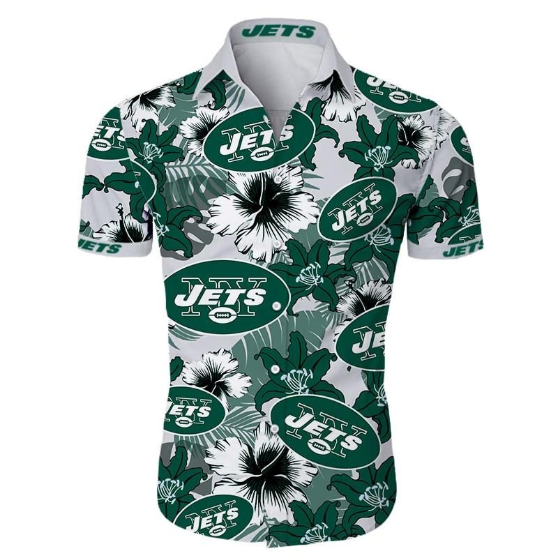 New York Jets Hawaiian Aloha Shirts Tropical Flower Short Sleeve Slim Fit Body