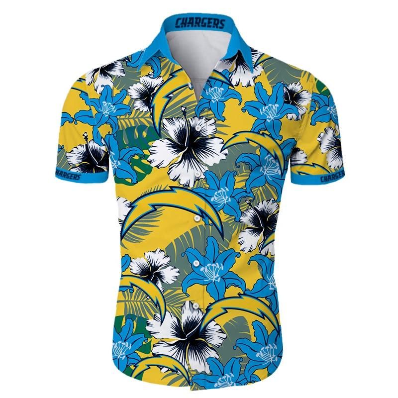 Los Angeles Chargers Hawaiian Aloha Shirts Tropical Flower Short Sleeve Slim Fit Body