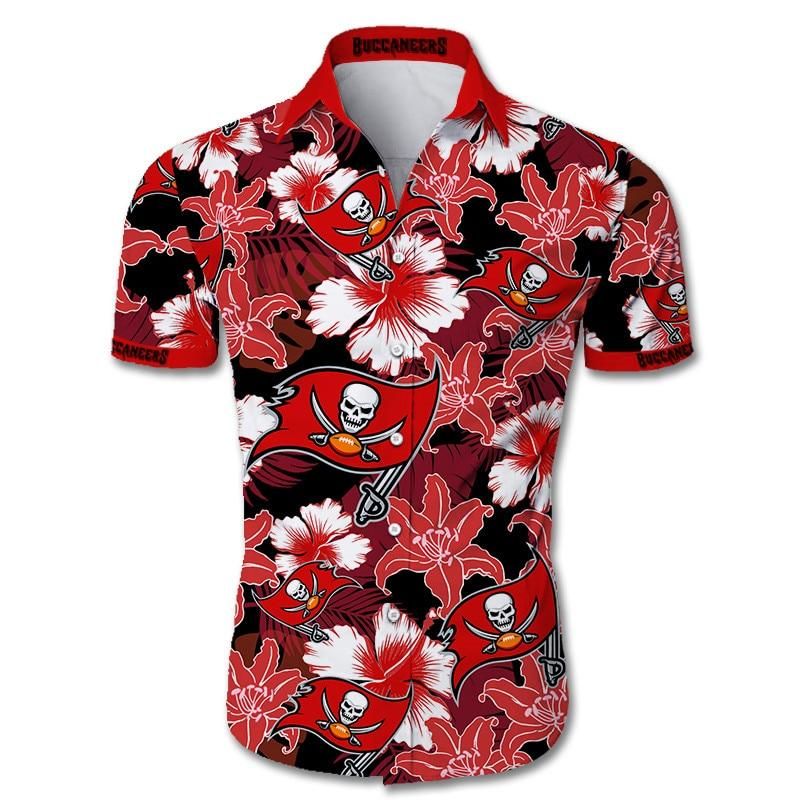 Tampa Bay Buccaneers Hawaiian Aloha Shirts Tropical Flower Short Sleeve Slim Fit Body