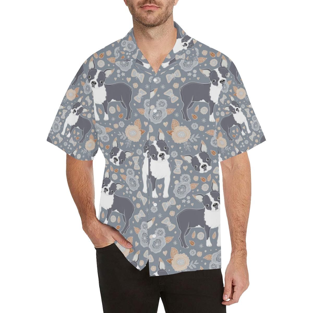 Boston Terrier Flower Pattern Gray Background Men’S All Over Print Hawaiian Aloha Shirts Aloha Shirts