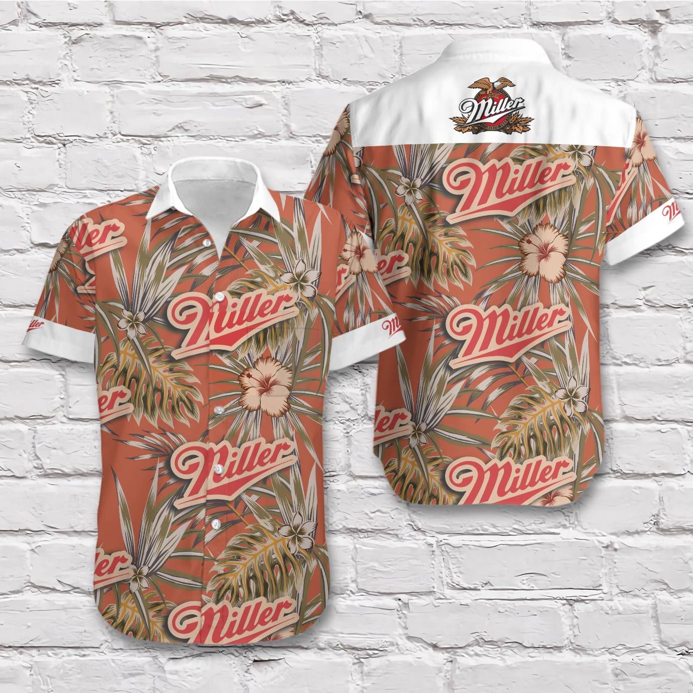 Miller Beer Red Retro Tropical Vibe Style Short Sleeve Hawaiian Aloha Shirts Man Shirt