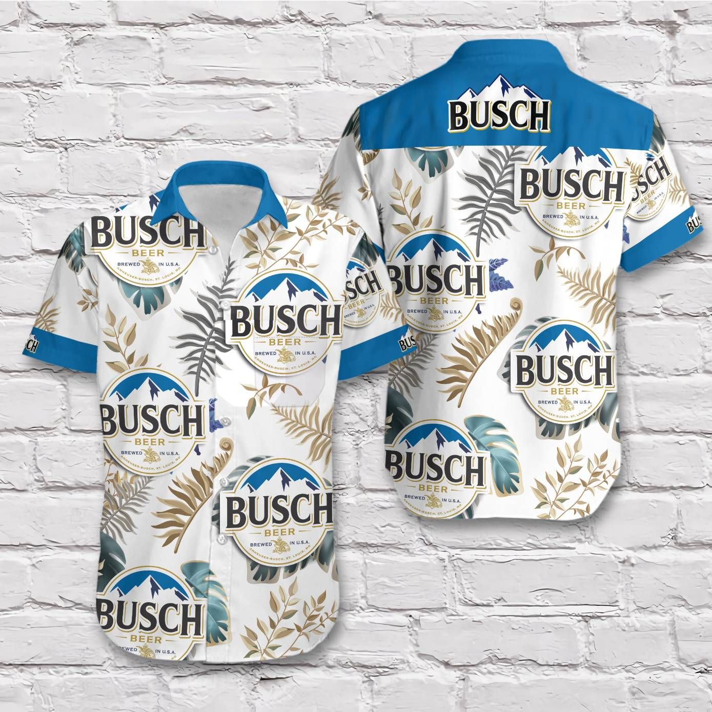 Busch Beer Blue Gold Tropical Vibe Style Short Sleeve Hawaiian Aloha Shirts Man Shirt