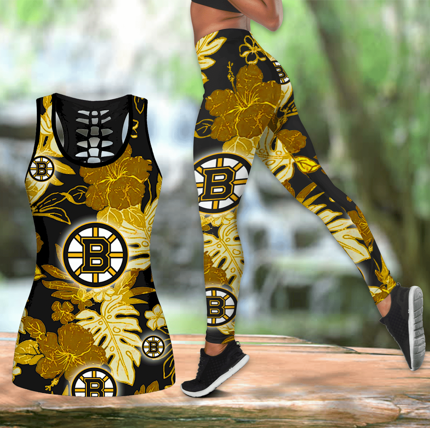 Combo Boston Bruins Hawaiian Flower Hollow Tanktop Leggings Set V1601