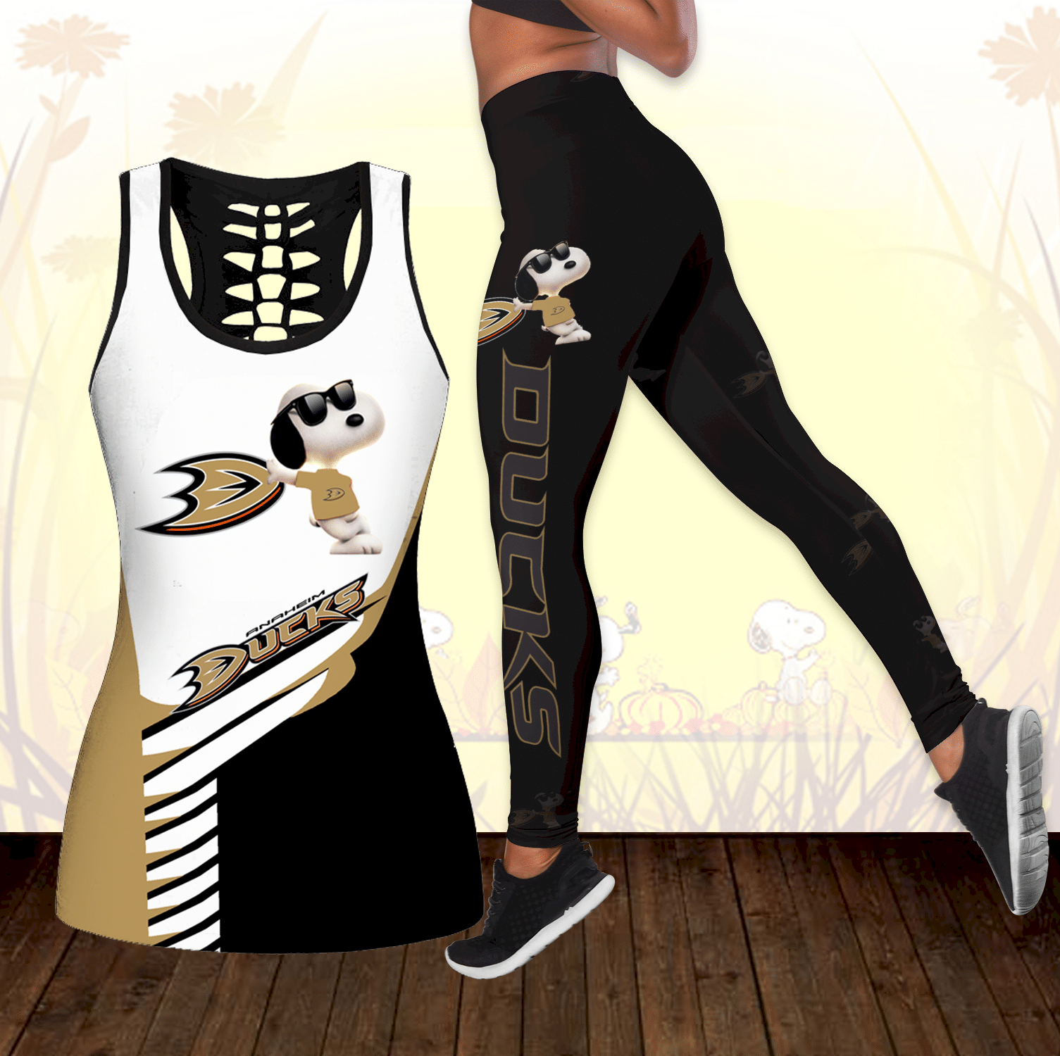 Combo Anaheim Ducks Snoopy Hollow Tanktop Leggings Set OUTFIT K1755