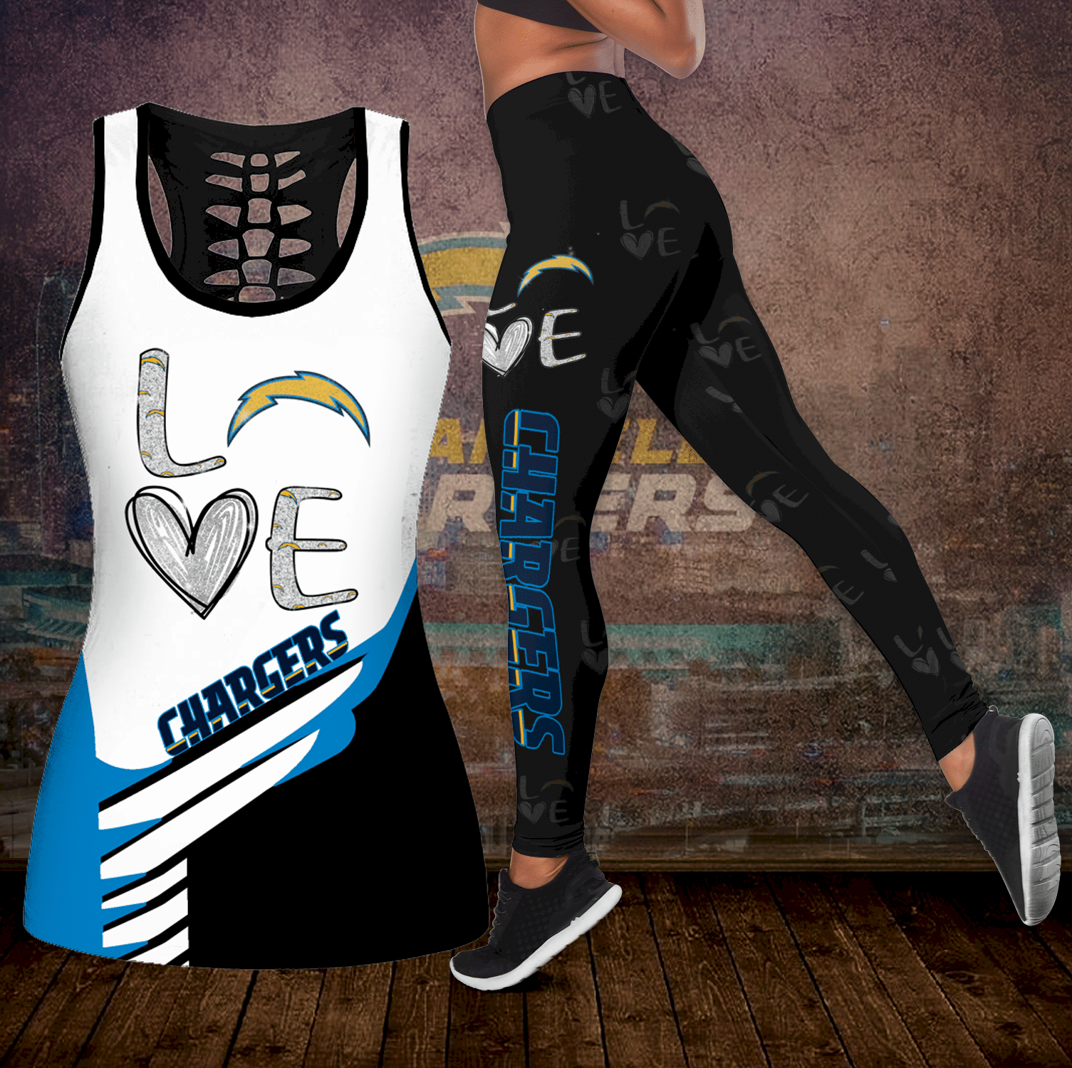 Combo Los Angeles Chargers Love Hollow Tanktop And Leggings set K1986