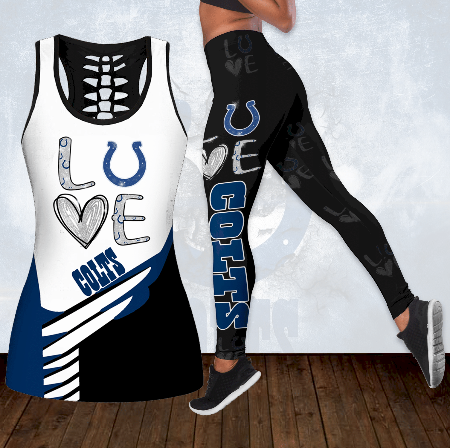 Combo Indianapolis Colts Love Hollow Tanktop Leggings Set OUTFIT K1910