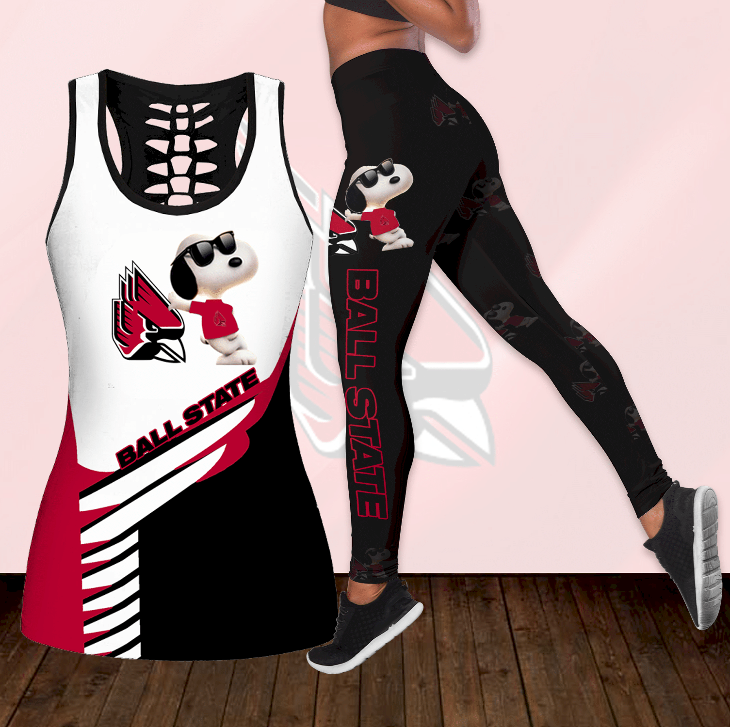 Combo Ball State Cardinals Snoopy Hollow Tanktop Leggings Set K1811