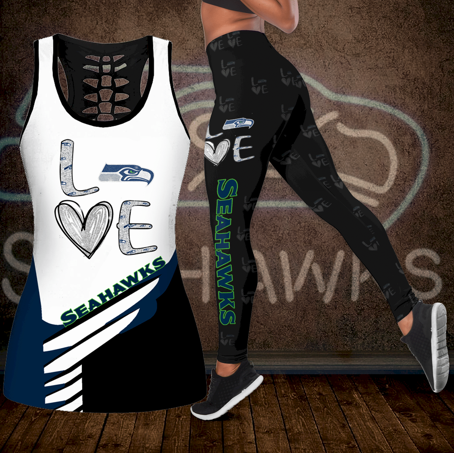 Combo Seattle Seahawks Love Hollow Tanktop Leggings Set OUTFIT K2001