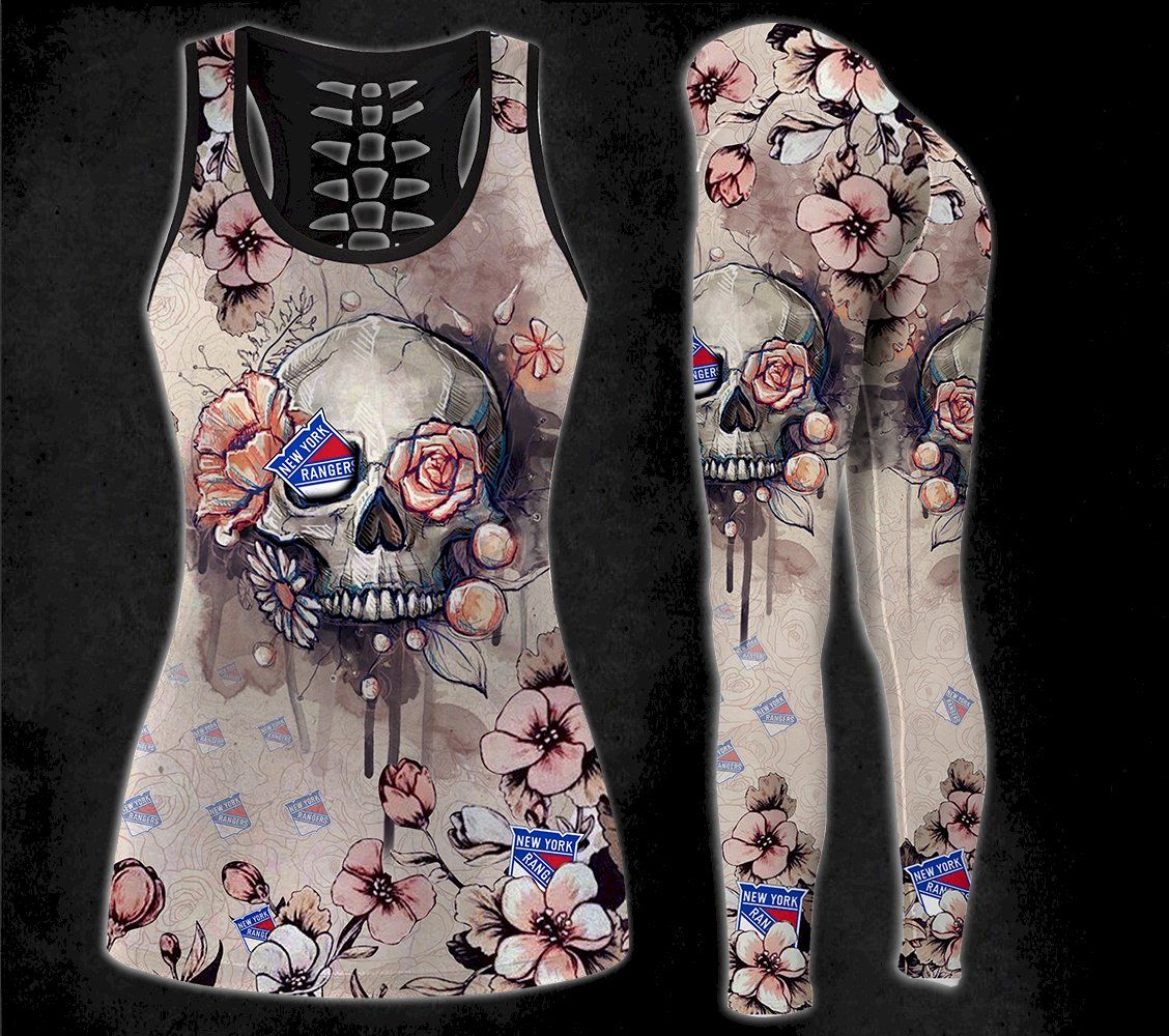 Combo New York Rangers Skull Flower Hollow Tanktop Leggings Set V1793