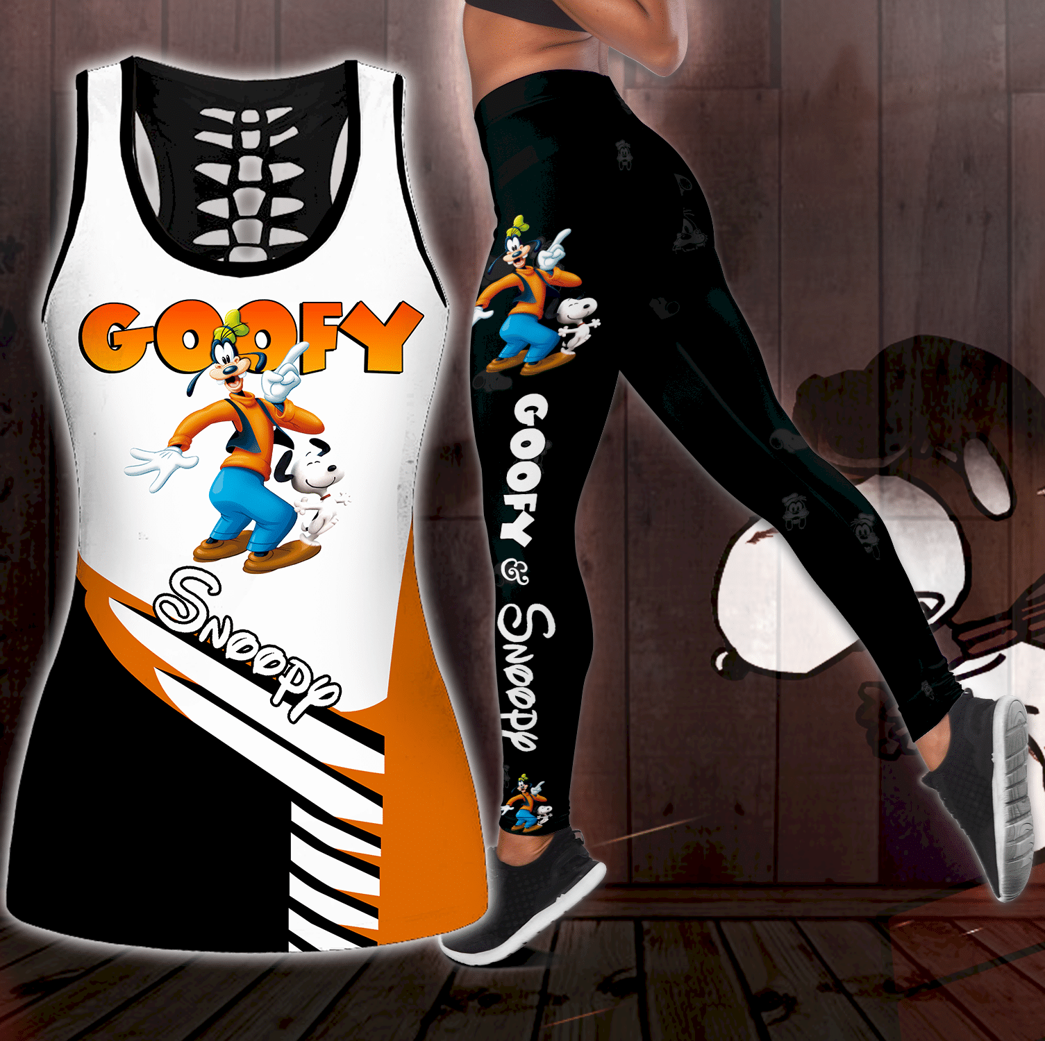 Combo Snoopy Goofy Hollow Tanktop And Leggings set OUTFIT K2037