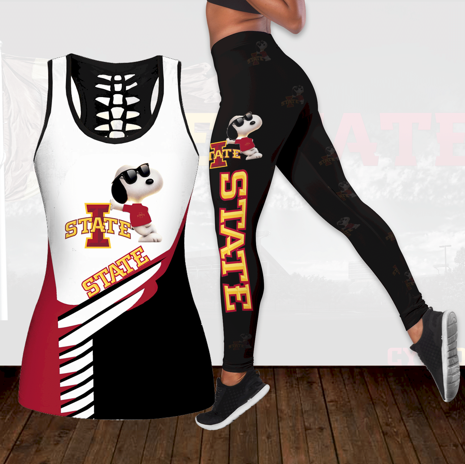 Combo Iowa State Cyclones Snoopy Hollow Tanktop And Leggings Set K1786