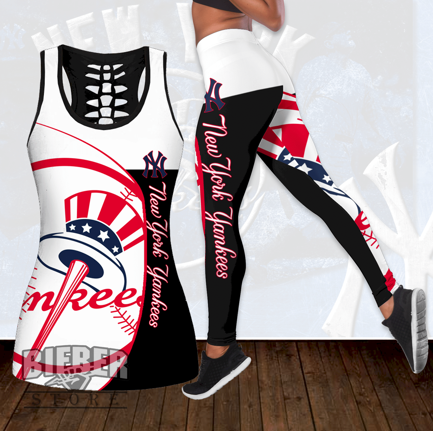 Combo New York Yankees Hollow Tanktop And Leggings Set OUTFIT K1782