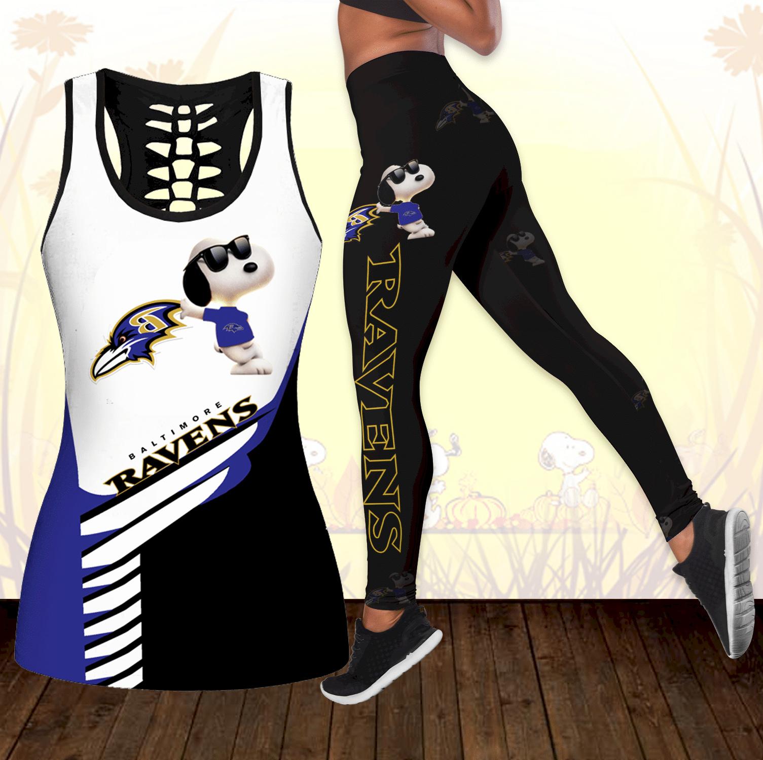 Combo Baltimore Ravens Snoopy Hollow Tanktop Leggings Set OUTFIT K1741