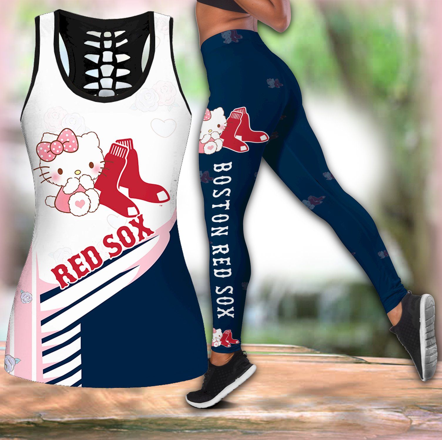 Combo Boston Red Sox Hello Kitty Hollow Tanktop Leggings Set K1760