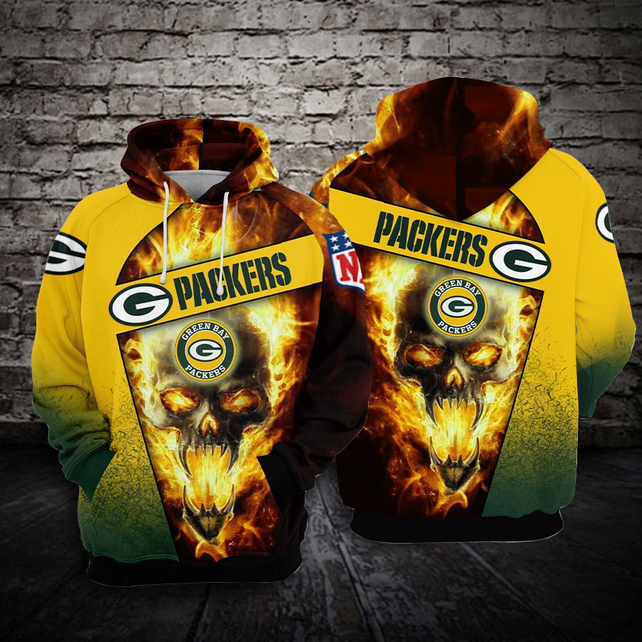 Green Bay Packers Football Skull Fire 3D Hoodie For Men For Women Green Bay Packers All Over Printed Hoodie Green Bay Hoodie Zip 3D